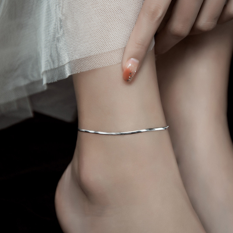 S925 Sterling Silver Minimalist Flat Snake Chain Anklet