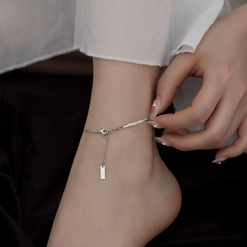 S925 Sterling Silver Minimalist Flat Snake Chain Anklet - Image 3