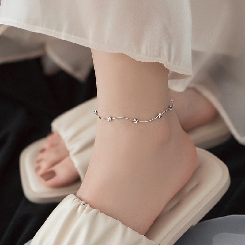 S925 Sterling Silver Wave Bead Anklet - Image 3