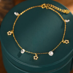 S925 Sterling Silver Floral Zircon Tassel Anklet
