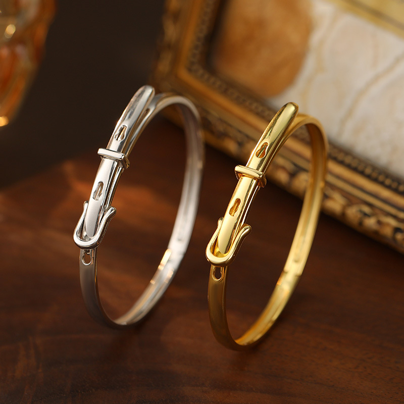 S925 Sterling Silver Leather Strap Buckle Bracelet - Image 2