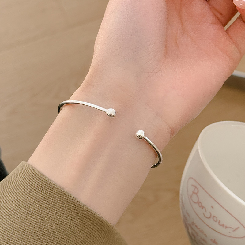 S925 Sterling Silver Minimalist Open Circle Beaded Bangle - Image 3