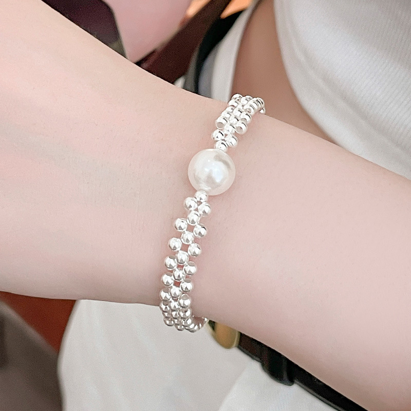 S925 Sterling Silver Simulated Pearl Woven with Silver Bead Bracelet