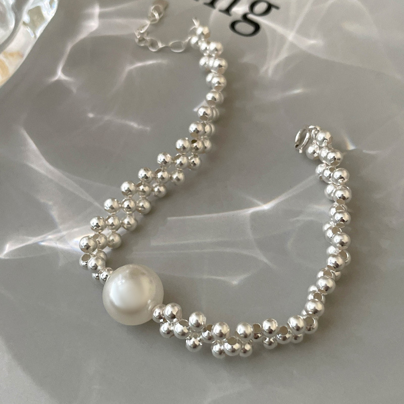 S925 Sterling Silver Simulated Pearl Woven with Silver Bead Bracelet - Image 2