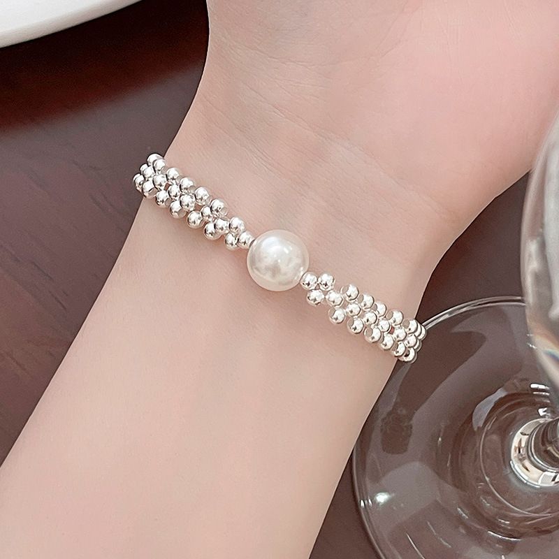 S925 Sterling Silver Simulated Pearl Woven with Silver Bead Bracelet - Image 3