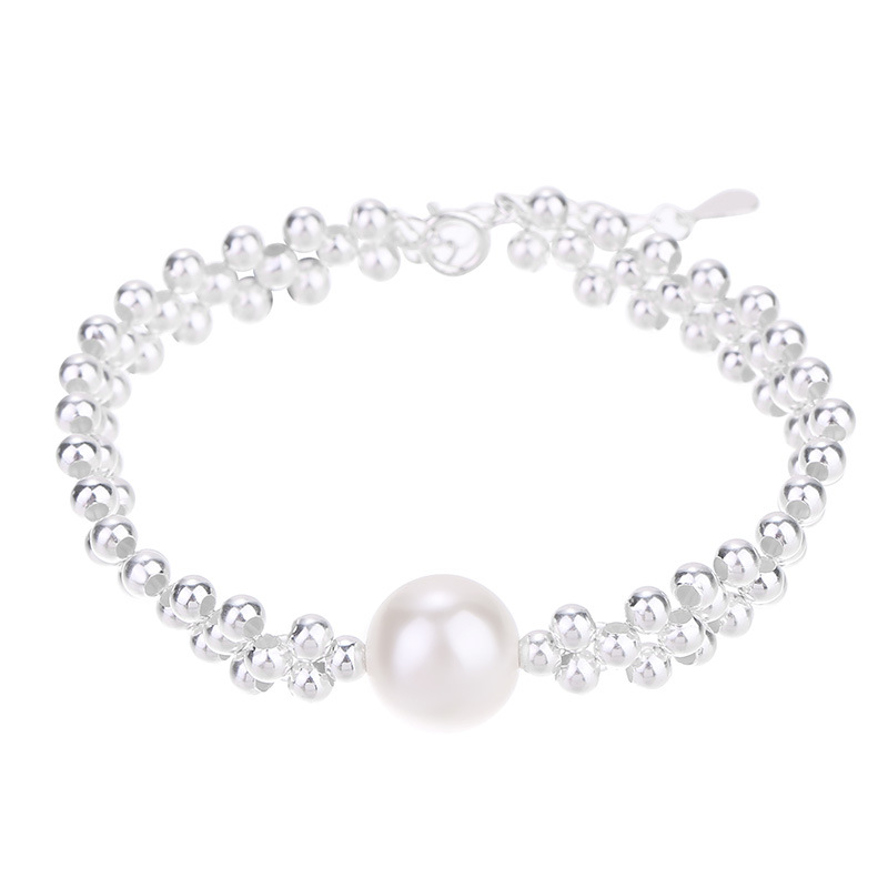 S925 Sterling Silver Simulated Pearl Woven with Silver Bead Bracelet - Image 4