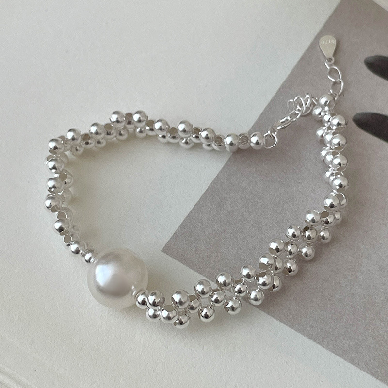 S925 Sterling Silver Simulated Pearl Woven with Silver Bead Bracelet - Image 5