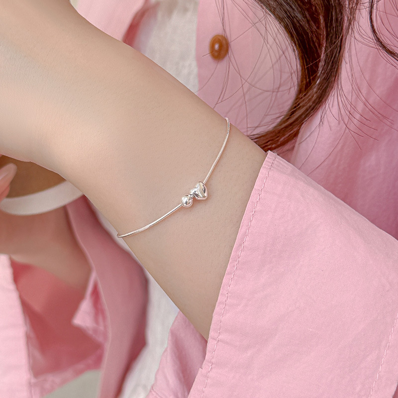S925 Sterling Silver Minimalist Heart Bead Snake Chain Bracelet - Image 2