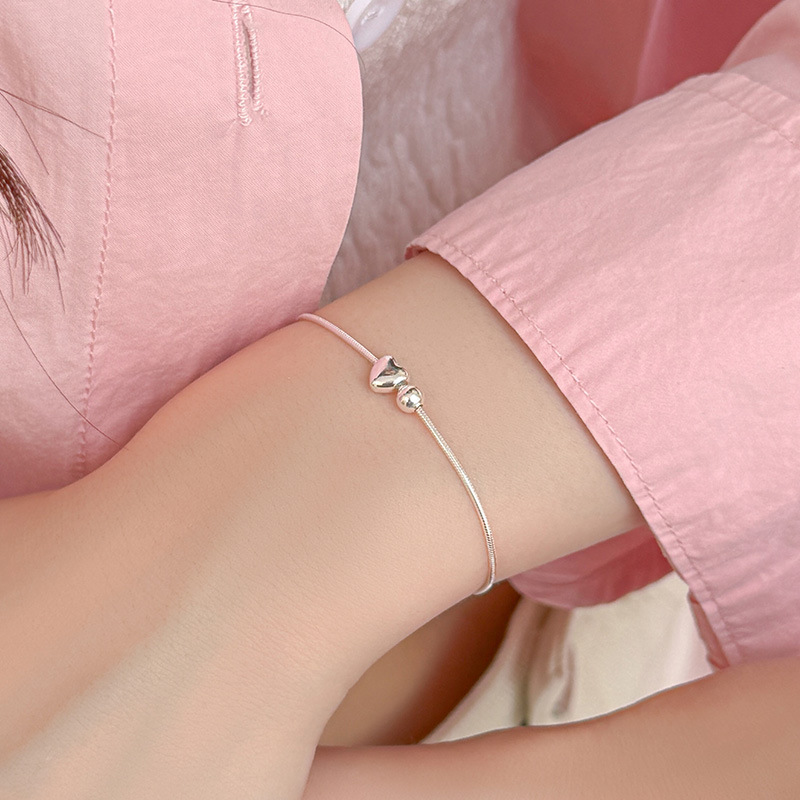 S925 Sterling Silver Minimalist Heart Bead Snake Chain Bracelet - Image 3