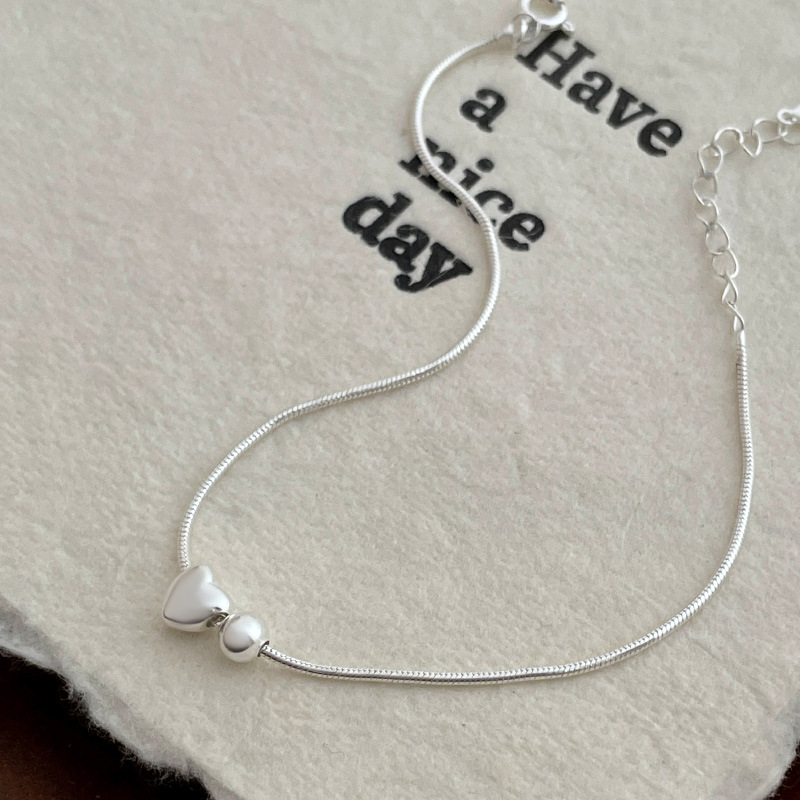 S925 Sterling Silver Minimalist Heart Bead Snake Chain Bracelet - Image 5