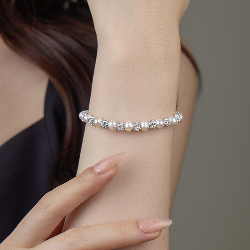 S925 Sterling Silver Natural Pearl Shamballa Bracelet - Image 2