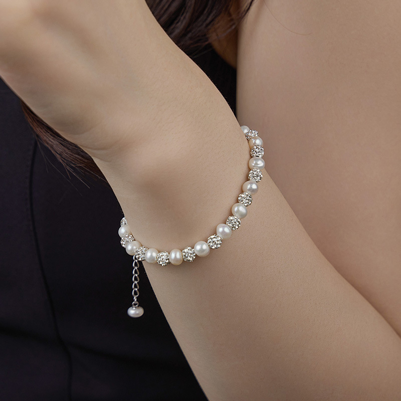 S925 Sterling Silver Natural Pearl Shamballa Bracelet - Image 3