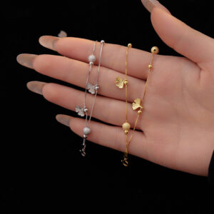 S925 Sterling Silver Double Layer Ginkgo Leaf with Satin Finish Bead Bracelet