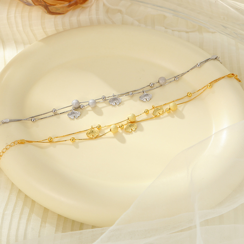S925 Sterling Silver Double Layer Ginkgo Leaf with Satin Finish Bead Bracelet - Image 2