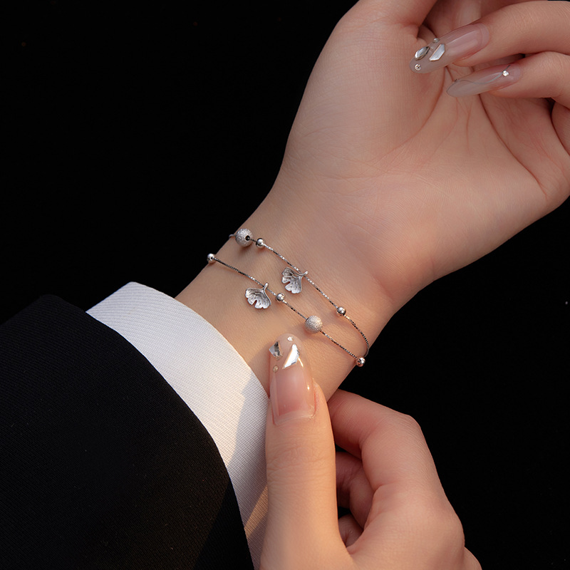 S925 Sterling Silver Double Layer Ginkgo Leaf with Satin Finish Bead Bracelet - Image 3