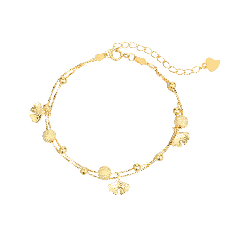 S925 Sterling Silver Double Layer Ginkgo Leaf with Satin Finish Bead Bracelet - Image 4