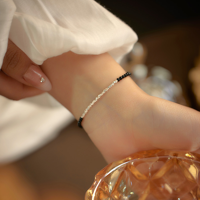 S925 Sterling Silver Black Onyx Crushed Silver Beads Bracelet - Image 3