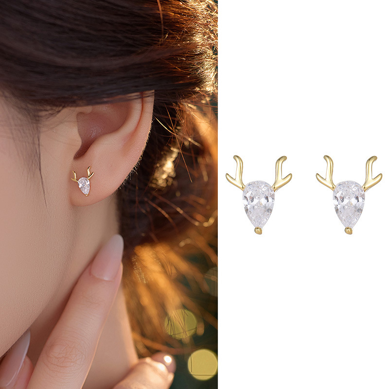 S925 Sterling Silver Deer Antler Stud Earrings with Zirconia