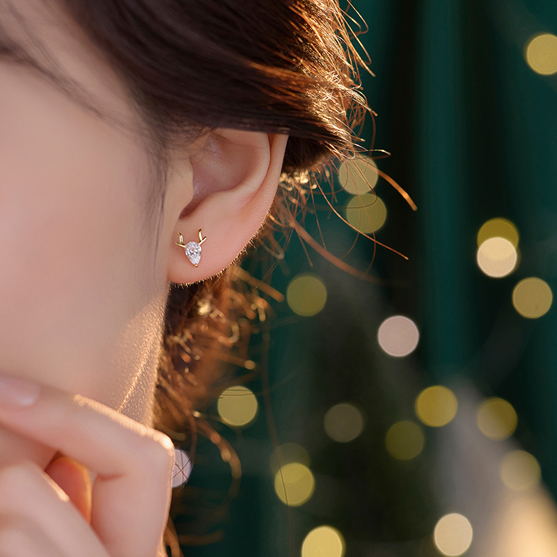 S925 Sterling Silver Deer Antler Stud Earrings with Zirconia - Image 3