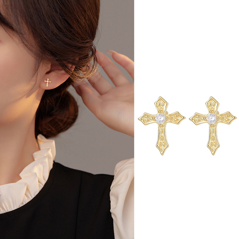 S925 Sterling Silver Single Zircon Cross Stud Earrings
