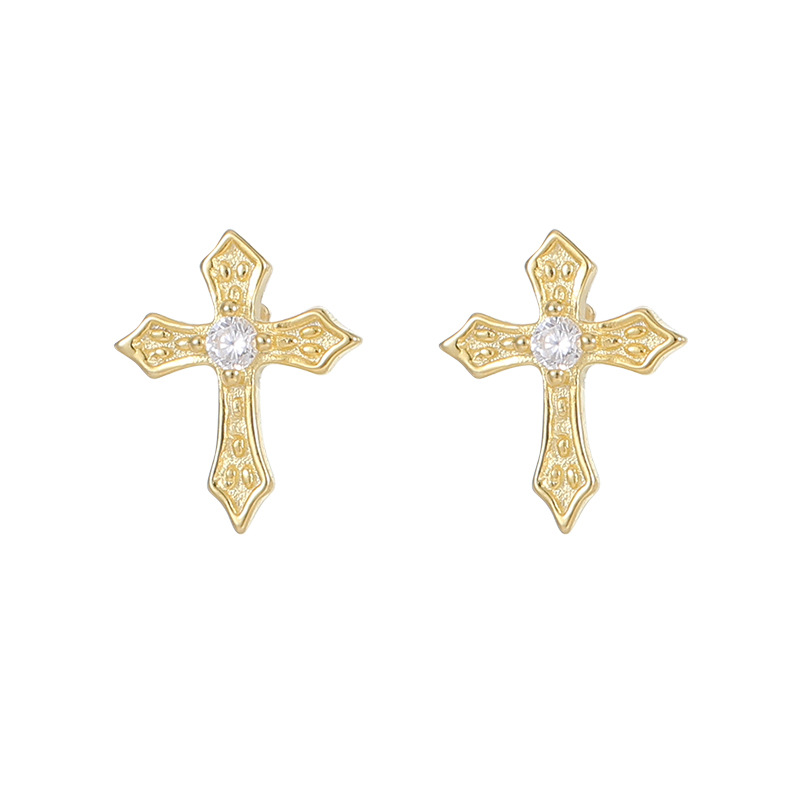 S925 Sterling Silver Single Zircon Cross Stud Earrings - Image 4