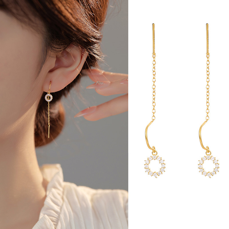 S925 Sterling Silver Geometric Diamond-Accented Circle Ear Threaders