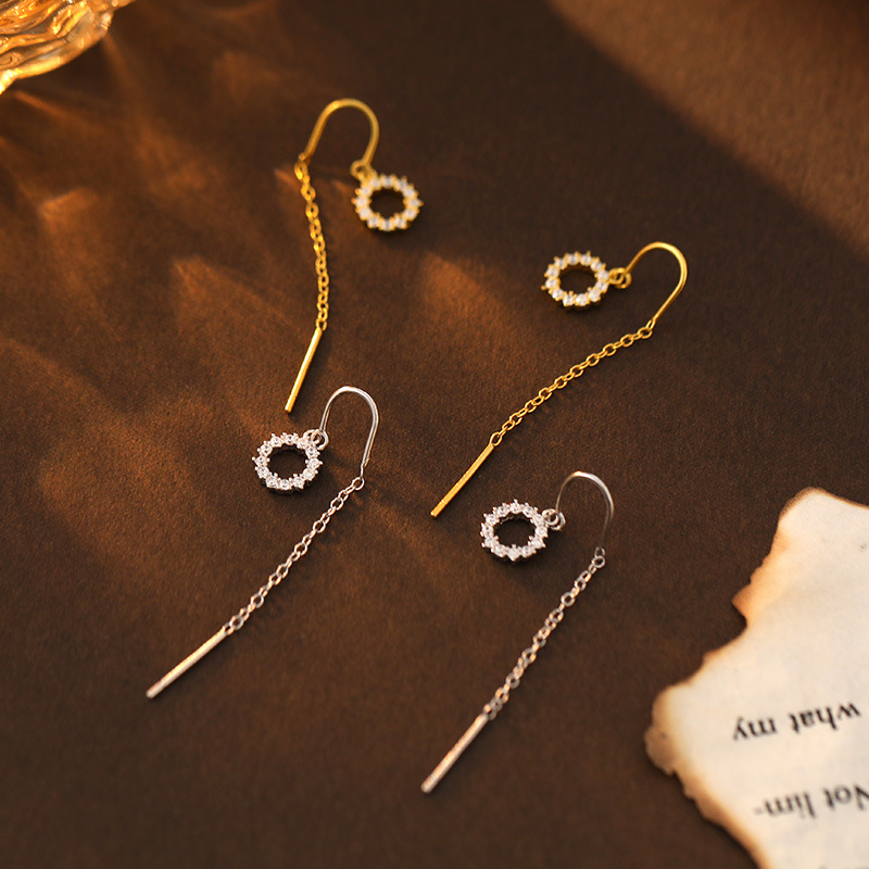 S925 Sterling Silver Geometric Diamond-Accented Circle Ear Threaders - Image 2