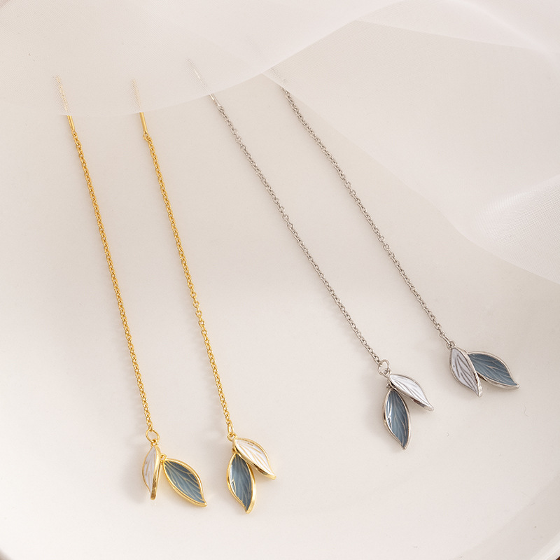 S925 Sterling Silver Long Leaf Ear Threaders - Image 3