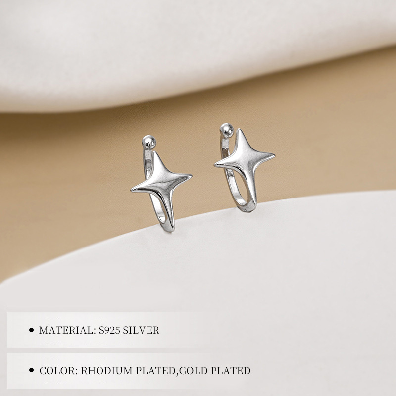 S925 Sterling Silver Four-Point Star Ear Clips - Image 3