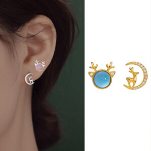 S925 Sterling Silver Cat's Eye Reindeer Asymmetrical Stud Earrings