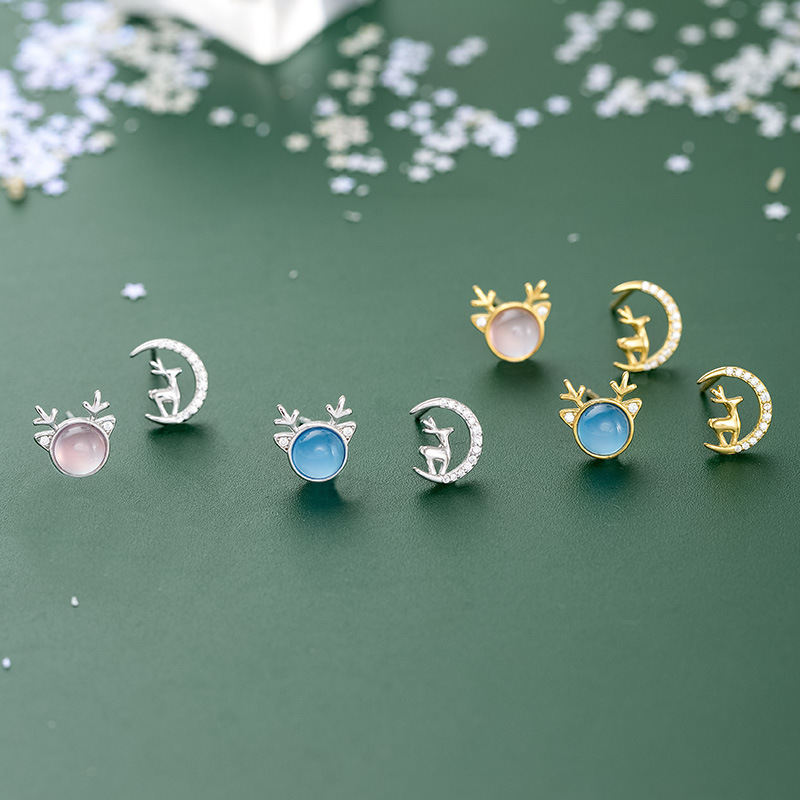 S925 Sterling Silver Cat's Eye Reindeer Asymmetrical Stud Earrings - Image 2