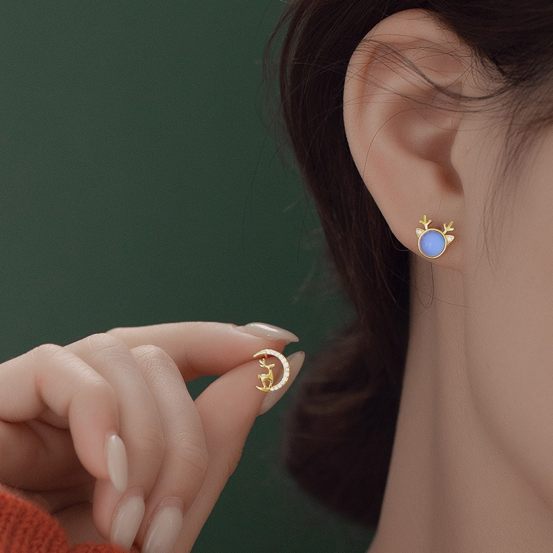 S925 Sterling Silver Cat's Eye Reindeer Asymmetrical Stud Earrings - Image 3