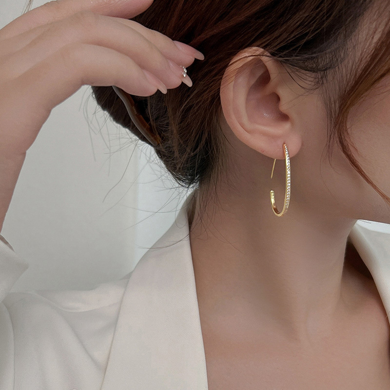 S925 Sterling Silver Diamond-Accented Large Hoop Earrings - Image 3