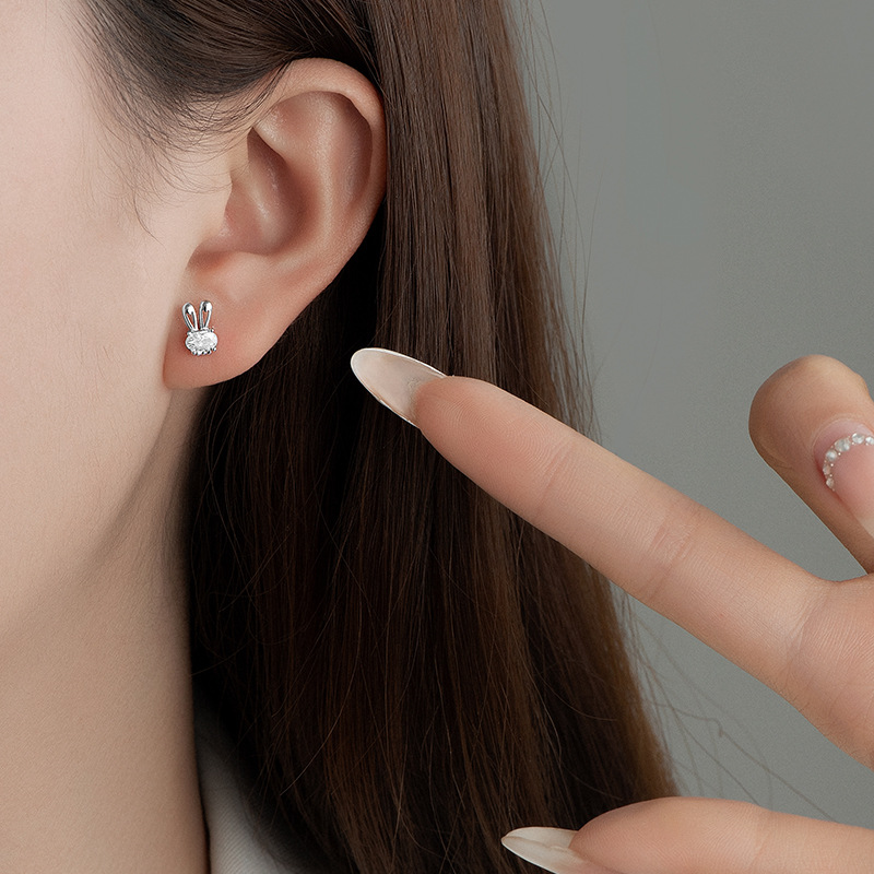 S925 Sterling Silver Zircon Rabbit Stud Earrings - Image 2
