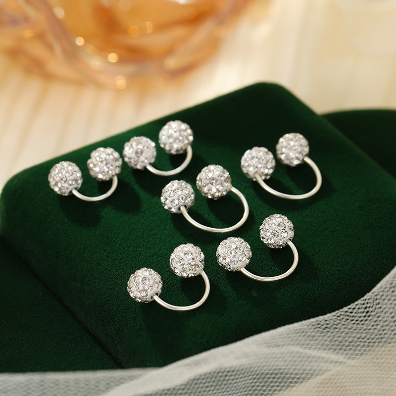S999 Fine Silver Shamballa U-Shape Twin Diamond Ball Stud Earrings - Image 2