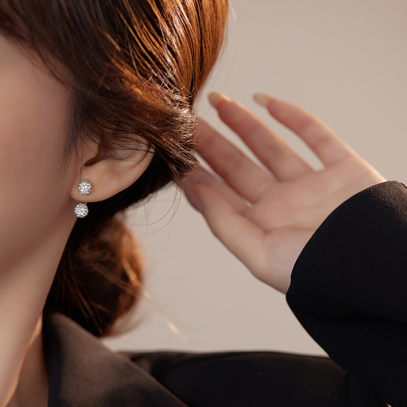 S999 Fine Silver Shamballa U-Shape Twin Diamond Ball Stud Earrings - Image 3