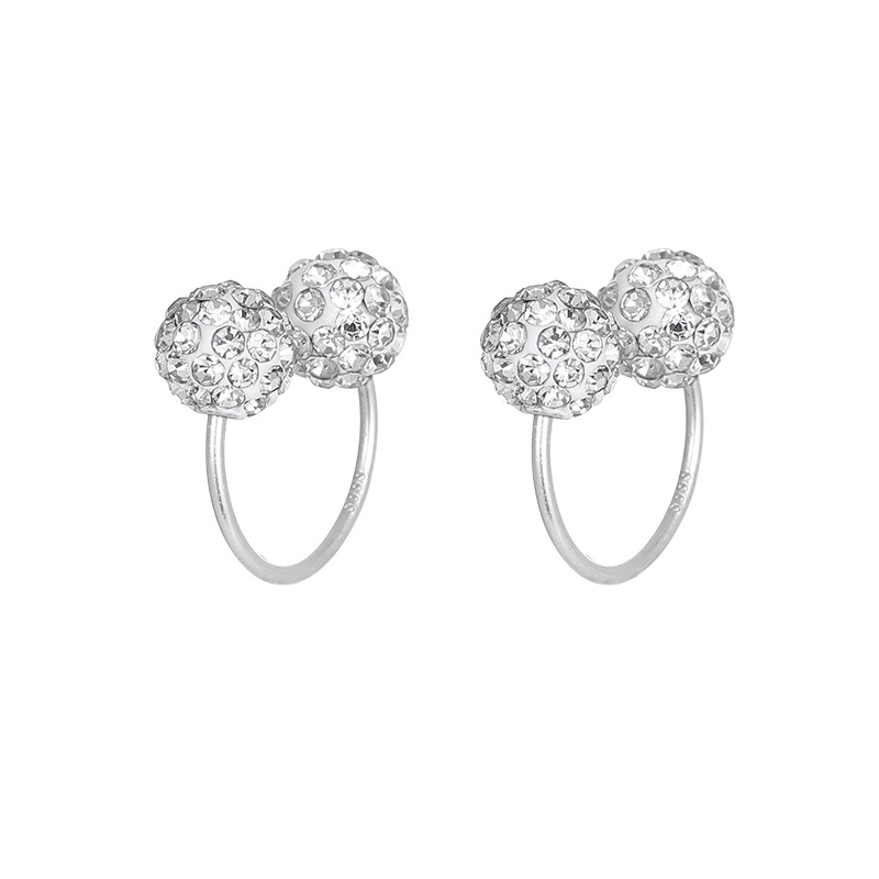S999 Fine Silver Shamballa U-Shape Twin Diamond Ball Stud Earrings - Image 4