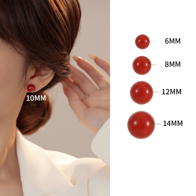 S999 Fine Silver Natural Red Agate Stud Earrings - Image 2