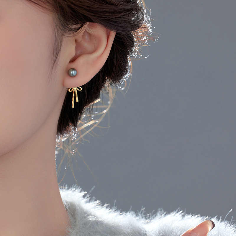 S925 Sterling Silver Pearl Bow Stud Earrings - Image 3