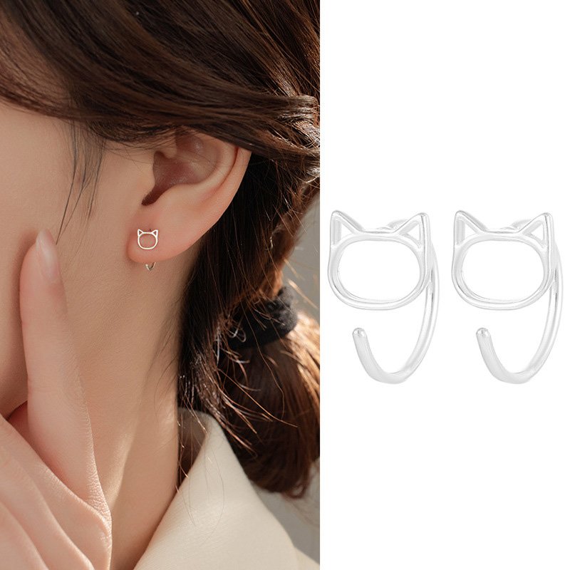 S999 Fine Silver Openwork Cat Earrings - Image 2