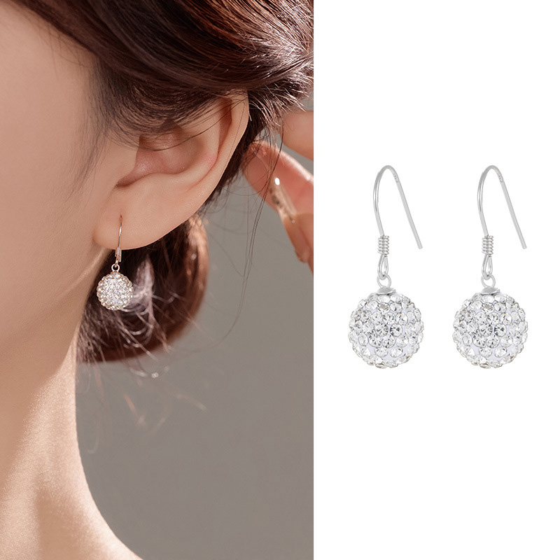 S925 Sterling Silver Shamballa Ball Ear Hooks with Full Cubic Zirconia