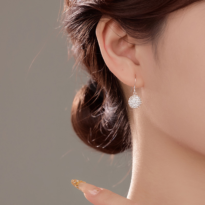 S925 Sterling Silver Shamballa Ball Ear Hooks with Full Cubic Zirconia - Image 3