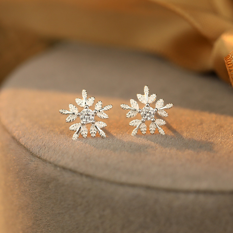 S925 Sterling Silver Snowflake Stud Earrings with Zirconia - Image 2