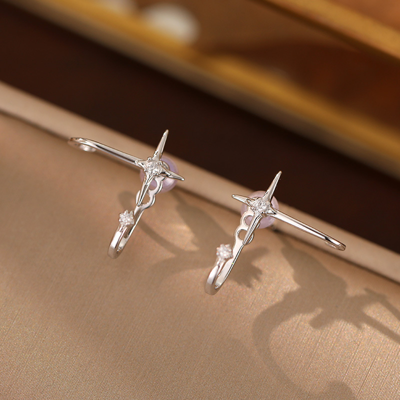 S925 Sterling Silver Four-Point Star Huggie Earrings - Image 2