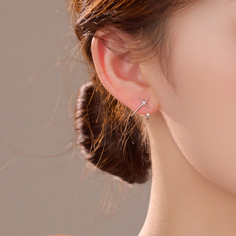 S925 Sterling Silver Four-Point Star Huggie Earrings - Image 3