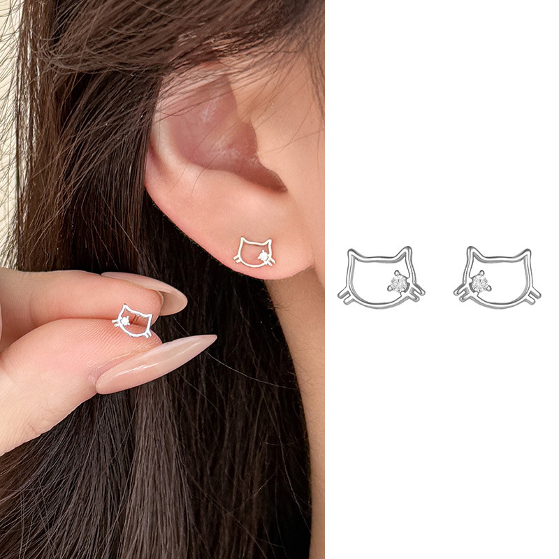 S999 Fine Silver Openwork Cat Stud Earrings