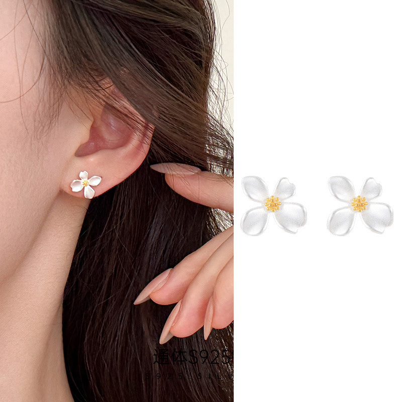 S999 Fine Silver Gardenia Flower Stud Earrings