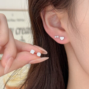 S999 Fine Silver Glittering Heart Bow Stud Earrings