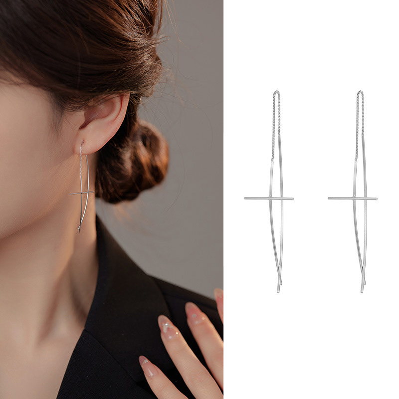 S925 Sterling Silver Long Cross Drop Earrings