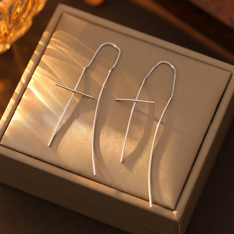 S925 Sterling Silver Long Cross Drop Earrings - Image 2